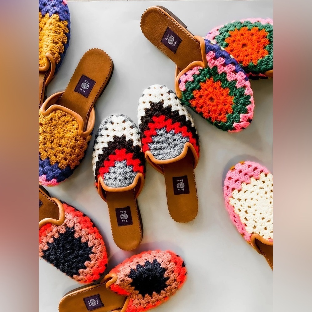 Res Ipsa Handmade Crochet Wool Leather Slides Mules Flats Unisex M 9 W 10.5